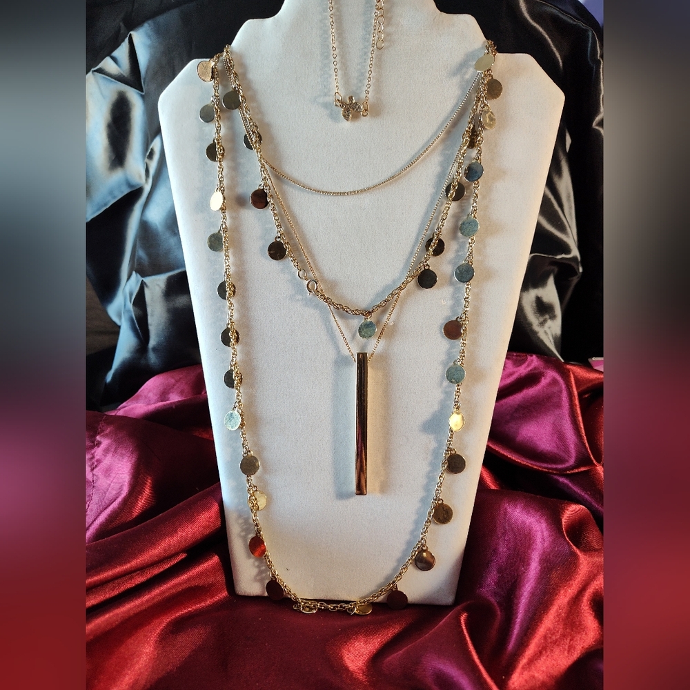 Three Piece Gold Tone Layered Necklace And Bracelt Bundle